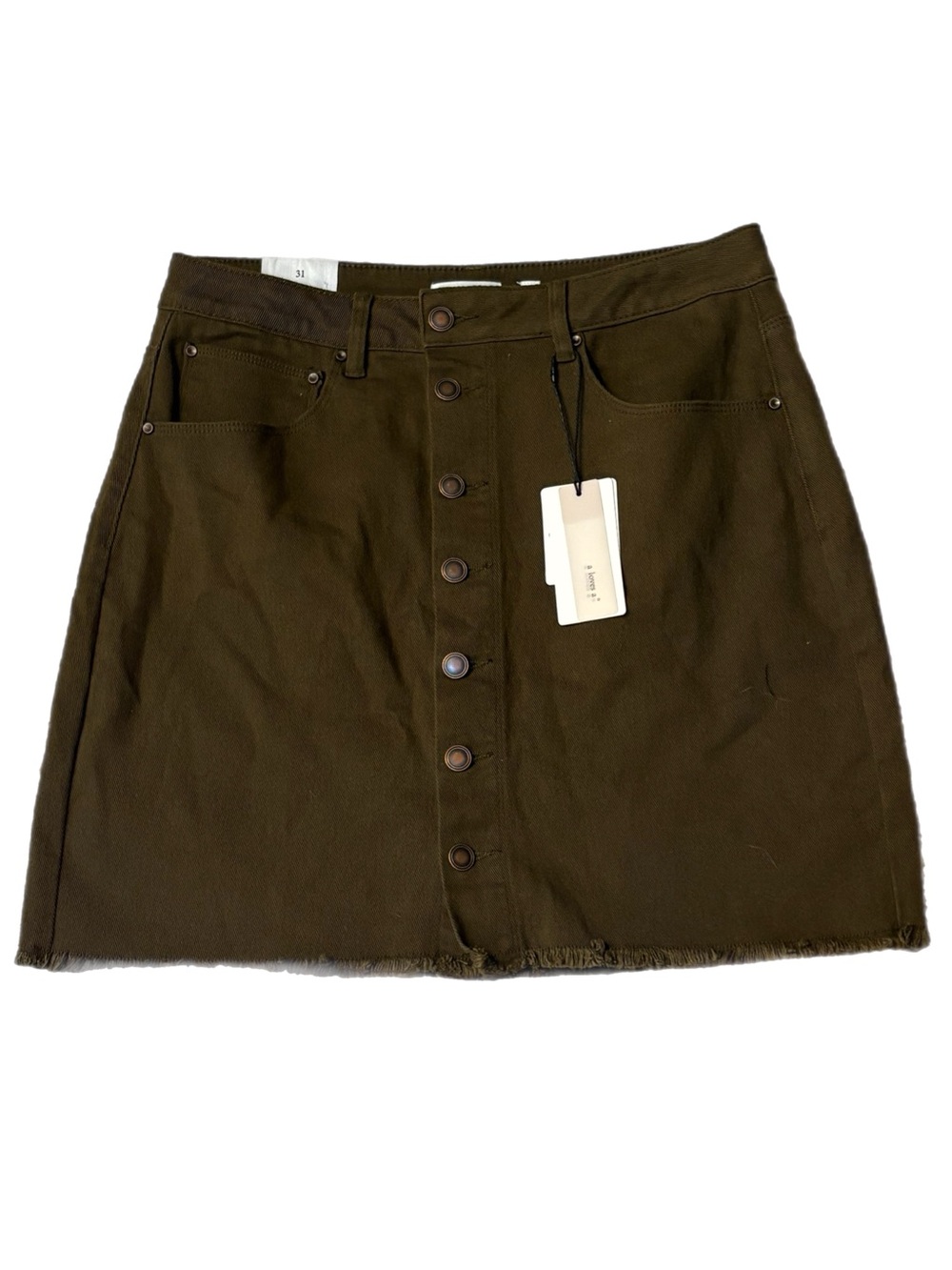 A Loves A Olive Green Denim Mini Skirt Button Front Raw Hem Size 31